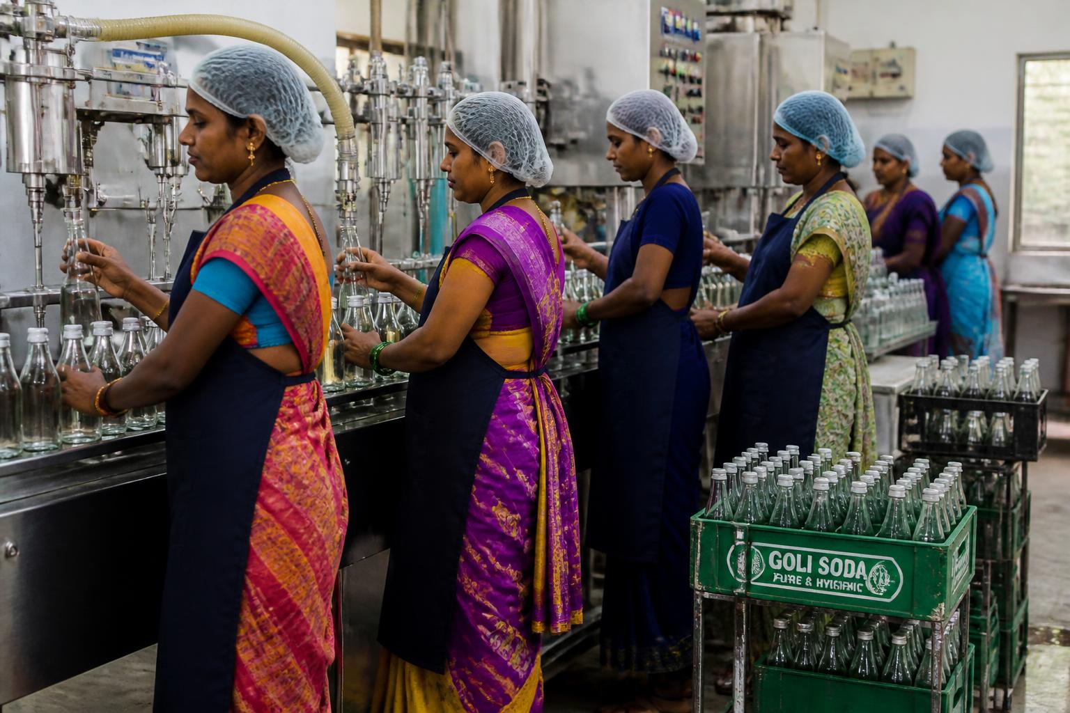 Women workers filling and bottling goli soda at the King Goli Soda factory in Salem